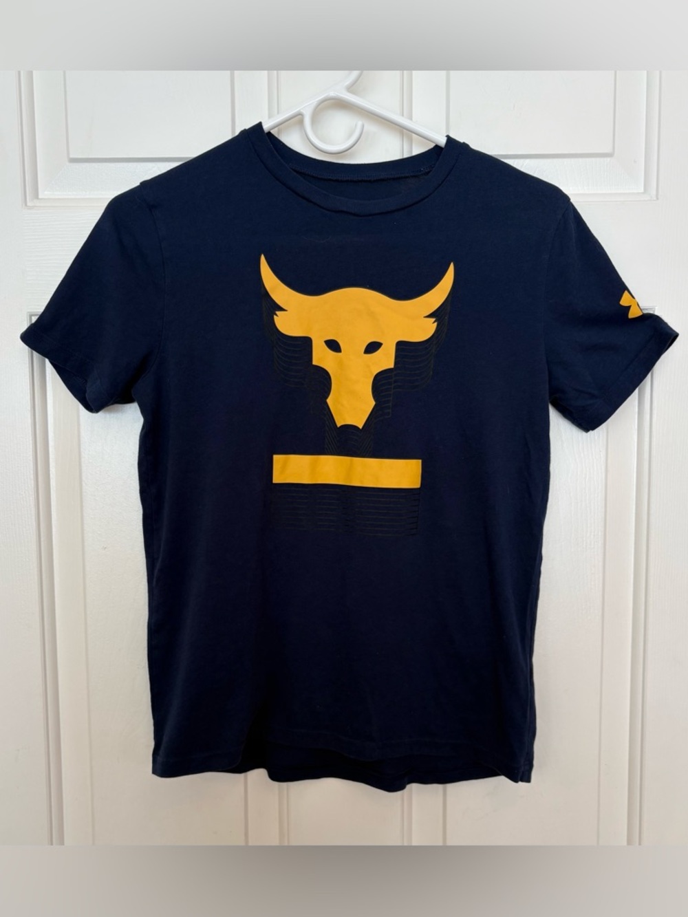 Under Armour T Shirt Project Rock Youth L Blue Brahma Bull Loose HeatGear Casual